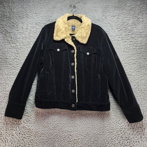 Gap Jacket Womens XL Black Uncut Corduroy Lined Button Trucker Style Jacket - Picture 1 of 9